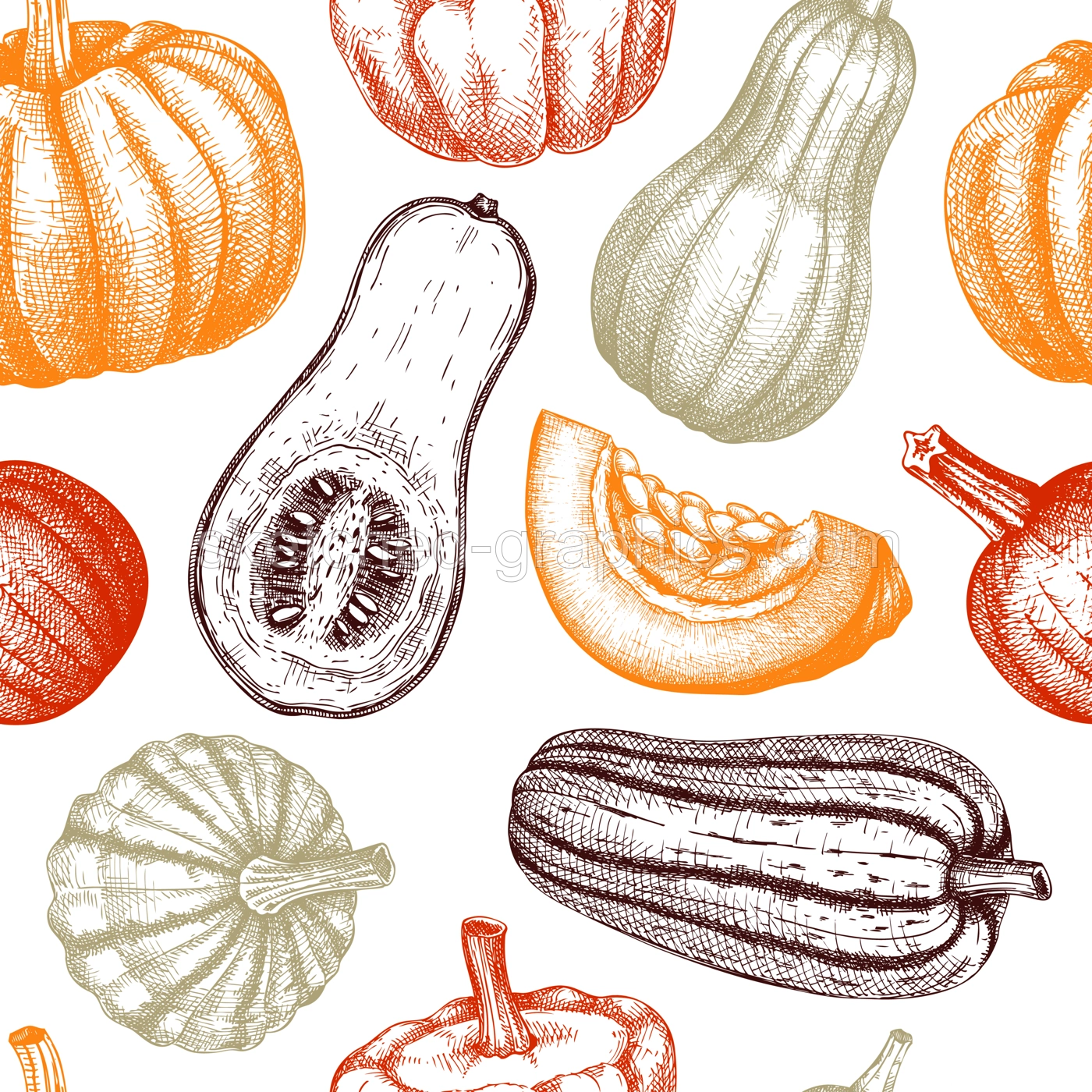 Sketched pumpkin seamless pattern. Thanksgiving day wall design. Autumn food background. Vector vegetables, butternut squash, marrow, pumpkin slice sketches. Fall harvest festival backdrop Illustration